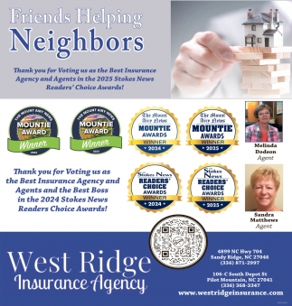 West Ridge Insurance Friends Helping Neighbors, WEST RIDGE INSURANCE, Sandy Ridge, NC