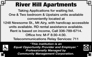 Taking Applications For Waiting List, River Hill Apartments, Mount Airy, NC